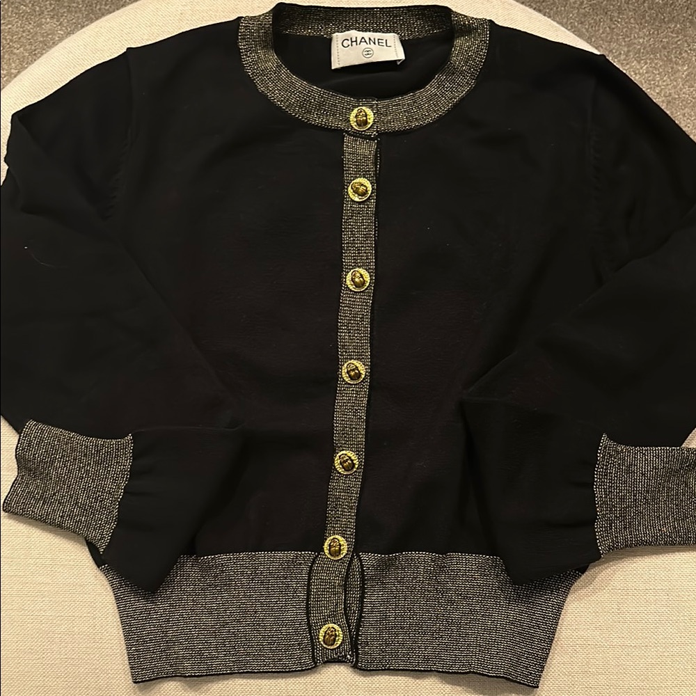Black and Silver Button-Up Cardigan with Crew Neckline
